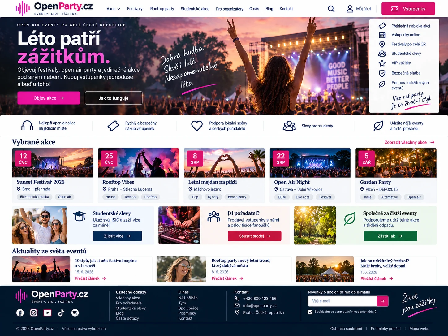 Ilustrační eventový web v tmavě modré a růžové s letním hudebním festivalem